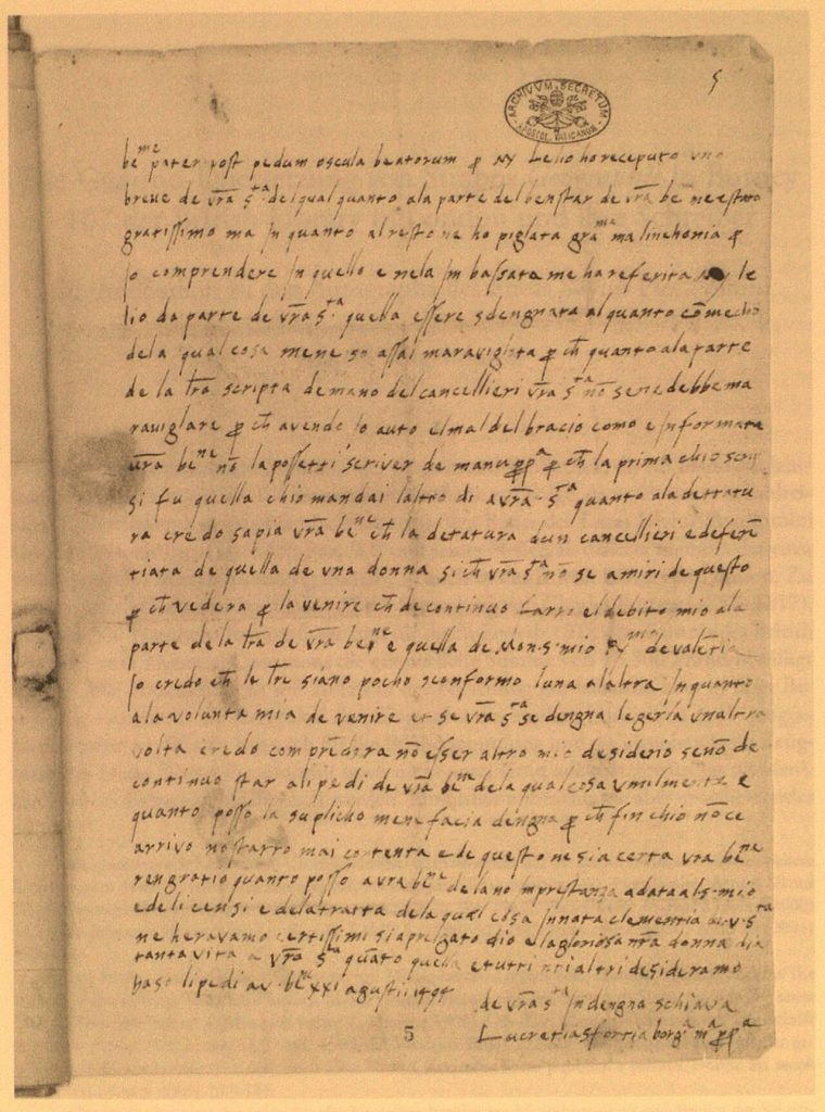 Autographed letter of Lucrezia Borgia to her father, Pope Alexander VI