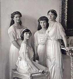 The Romanov sisters OTMA from left to right, Maria, Tatiana, Anastasia and Olga Nikolaevna in 1914.