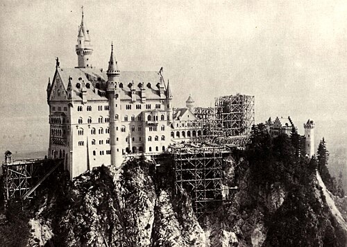 Neuschwanstein under construction: Bower still missing, Rectangular Tower under construction (photograph c. 1882–85)
