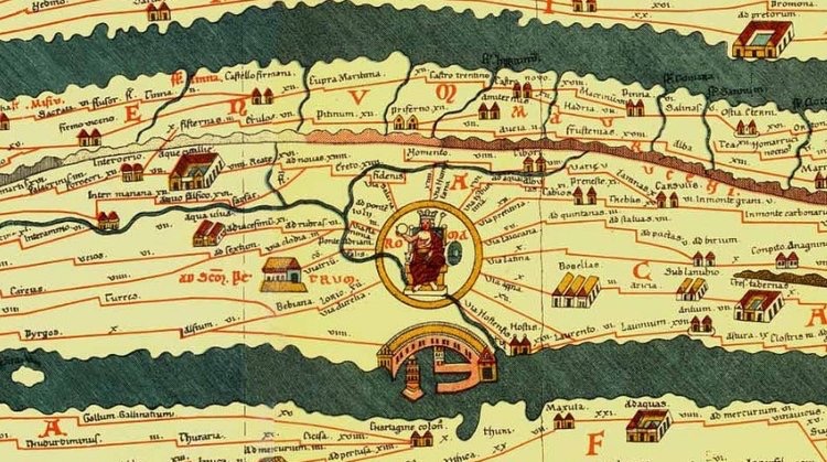 Изображението показва сегмент от Tabula Peutingeriana, средновековно копие на древна римска карта, показваща пътната мрежа на Римската империя