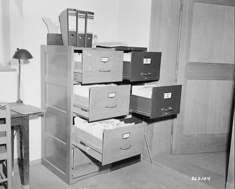 File cabinets containing ERR records of looted artworks, Neuschwanstein castle, May 1945. National Archives and Records Administration