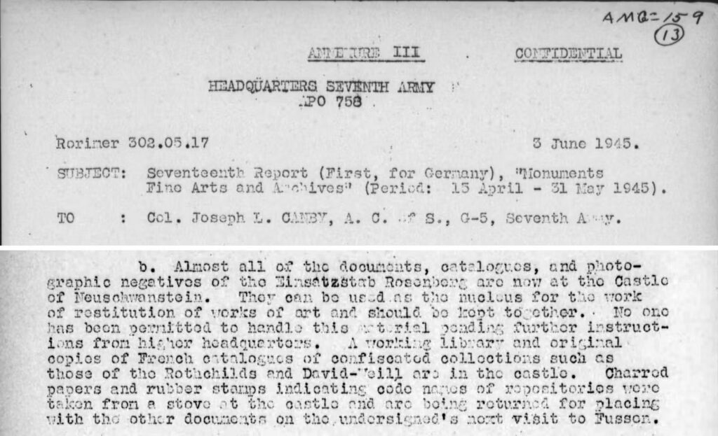 Extracts from James Rorimer Field Report on Monuments, Fine Arts and Archives, June 3, 1945. MFA&A Field Reports, 1943–1946, [AMG–159], Records of The American Commission for the Protection and Salvage of Artistic and Historic Monuments in War Areas, Record Group 239, National Archives and Records Administration
