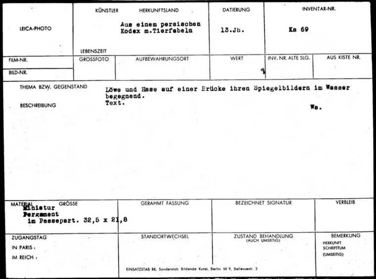 ERR inventory card for "Fable of the Lion and the Hare," folio from a Kalila wa Dimna. Plundered by the Einsatzstab Reichsleiter Rosenberg. National Archives and Records Administration. Accessed via the Database of Art Objects